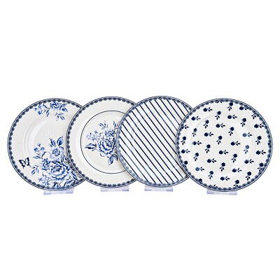 SET OF 4 Blue White Porcelain Dessert Plates Bone China Mismatched Plates 7.5''