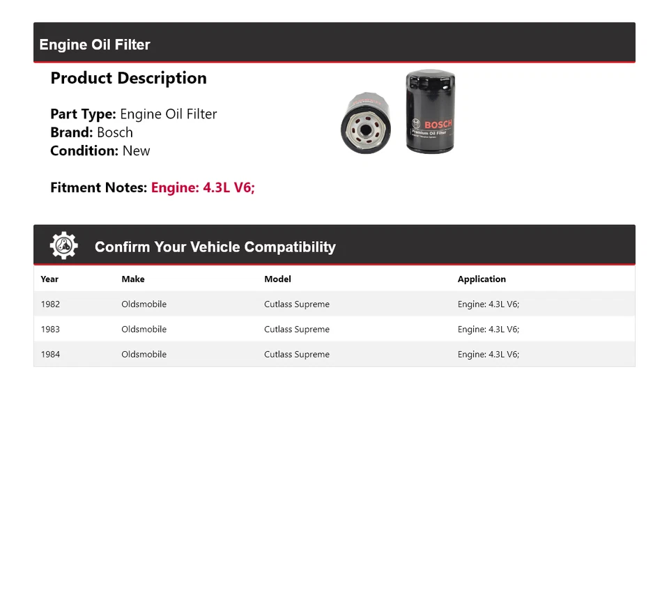 Filtro de aceite Bosch Premium 1983 para Oldsmobile Cutlass Supreme 1982-1984 4,3 L V6 Foto 2 de 3