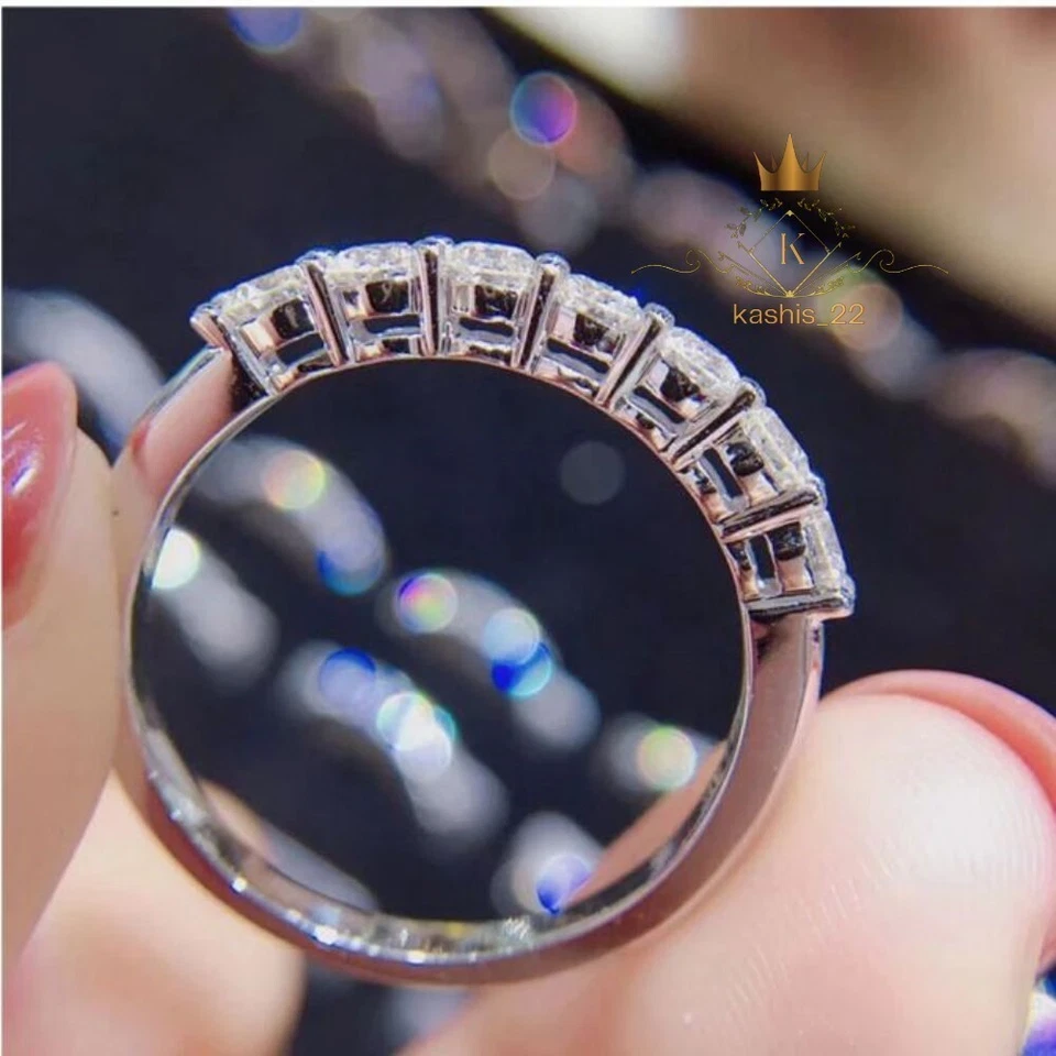 Solid 14K White Gold 1.50 CT Round Cut Moissanite Half Eternity Wedding Band - Image 2 of 4