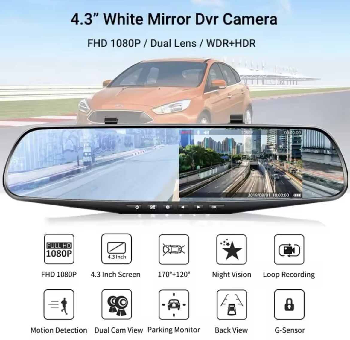 Dash Cam Fotocamera Auto Specchietto Retrovisore Doppia Lente 1080p Dvr Auto 4.3 - Miniatura 8