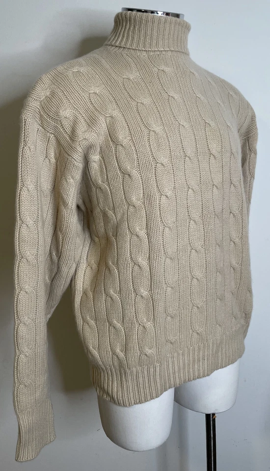 Suéter De Colección Polo Ralph Lauren Beige 100% Cachemira Cuello Alto Para Hombres 46 XXL Cable Foto 3 de 4