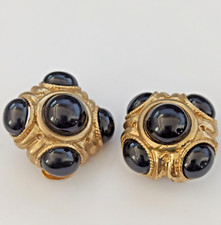 Chunky Large Vintage Earrings Mogul 1980s Clip Puffy Gold Tone Black Cabochon