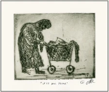 HOMELESS UNHOUSED PERSON & BELONGINGS CART Original Impressionist ETCHING Signed