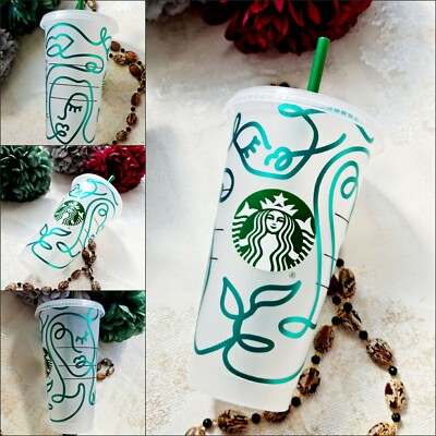 Abstract Faces Style Starbucks Tumbler mit Strohhalm & Deckel Mehrweg Kaltgetränke Becher