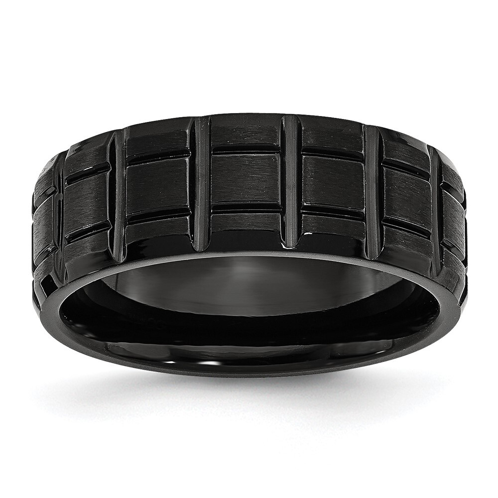 Titanium Brushed and Polished Black IP-plated 8mm Notched Band Ring Size 9