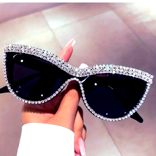 Rhinestone Cat Eye Sunglasses Black Smoke UV400 Vintage GLAMOUR Bling Sparkle-image