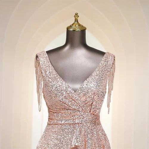 Evening Dress Tassel V Neck Ruffles High Split Women Sequin Long Prom Party Gown - Picture 14 of 30
