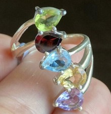 CERTIFIED MULTI GEMSTONE SOLID 925 STERLING SILVER RING Size 8