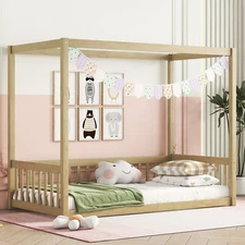 Modern Wooden Twin Size Canopy Bed Frame Floor Bed with Fence/Guardrails Natural