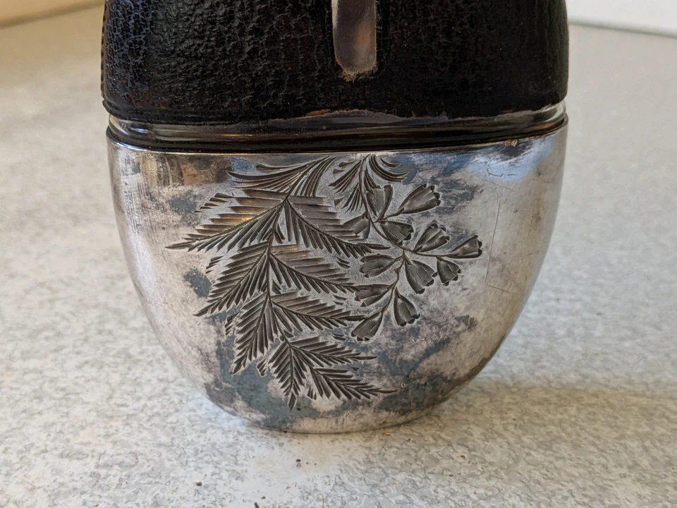 VINTAGE SILVER PLATED AND GLASS HIP FLASK - MAKER JAMES DIXON -  5 1/2 INCH TALL - Image 2 of 4