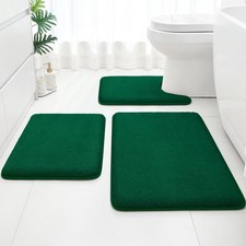 3 PCS Bathroom Rugs Set Memory Foam Thick Absorbent Dark Green U-Shape