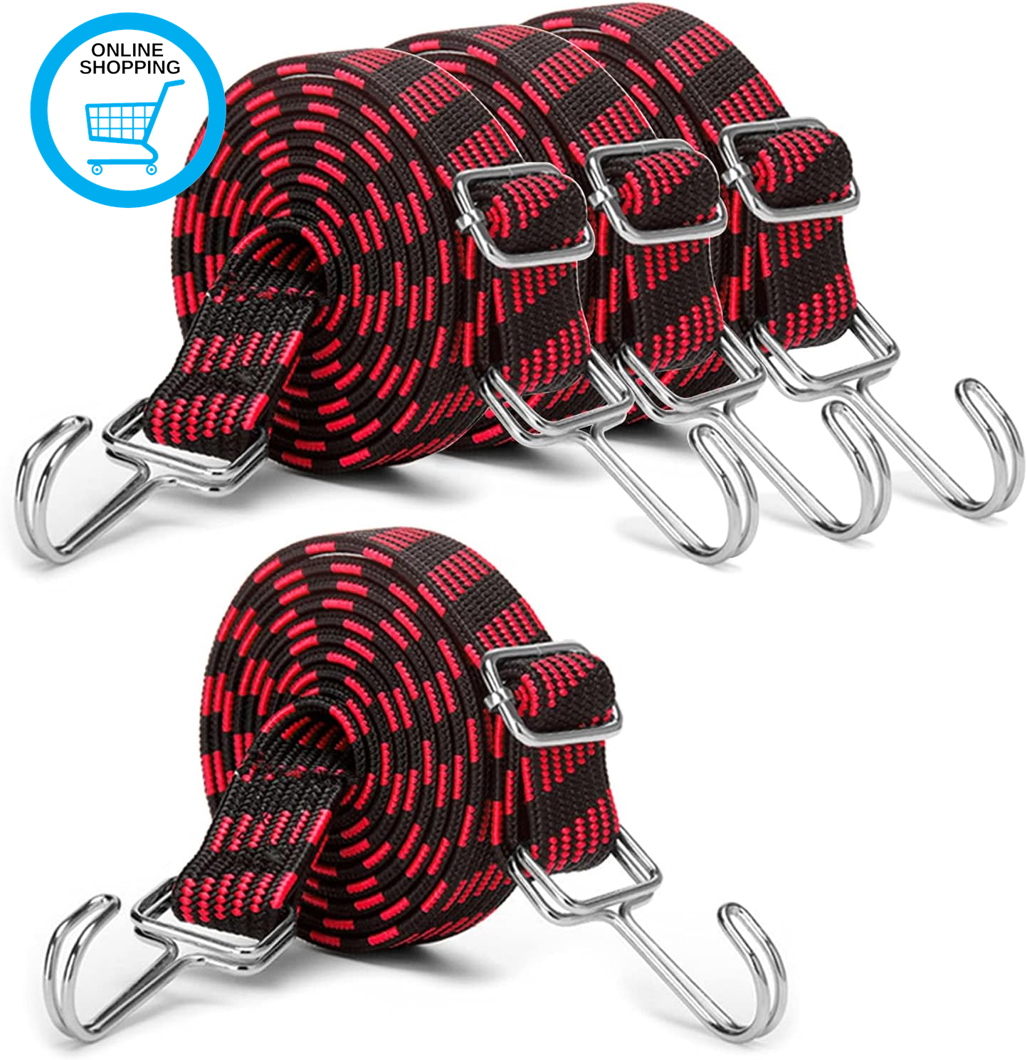 2M Adjustable Bungee Cords with Hooks Set, 4 Pack Long Heavy Duty Elastic Rope,