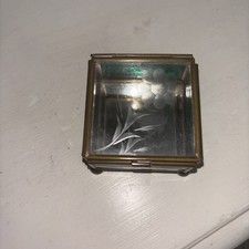 Vintage Green Glass Brass Mirrored Small Jewelry Trinket Box Square with Flower