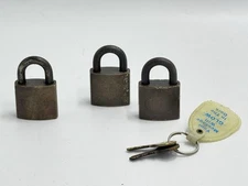 3 VINTAGE CORBIN BRASS HEAVY PADLOCKS & 2 KEYS
