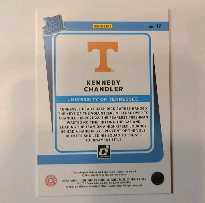 Kennedy Chandler 2022 Panini Donruss Draft Picks Tennessee #17 NM  - Image 2 of 2