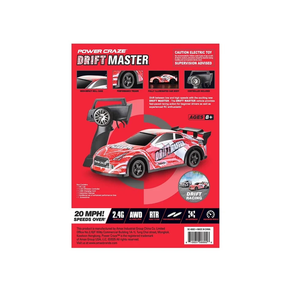Power Craze Drift Master Remote Control Car, Red and White, 1:24 Scale RC Drift - Image 2 of 4