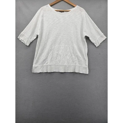 Lilla P White Slub Knit Cotton Top Short Sleeve Kangaroo Pocket Raw Hem Large - Image 1 of 4