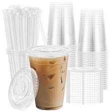 Plastic Cups with Lids and Straws, Sturdy Food Safe Disposable for Cold Drinks