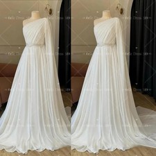 One Shoulder Chiffon Wedding Dresses with Beaded Waist Cape Sleeve Bridal Gown