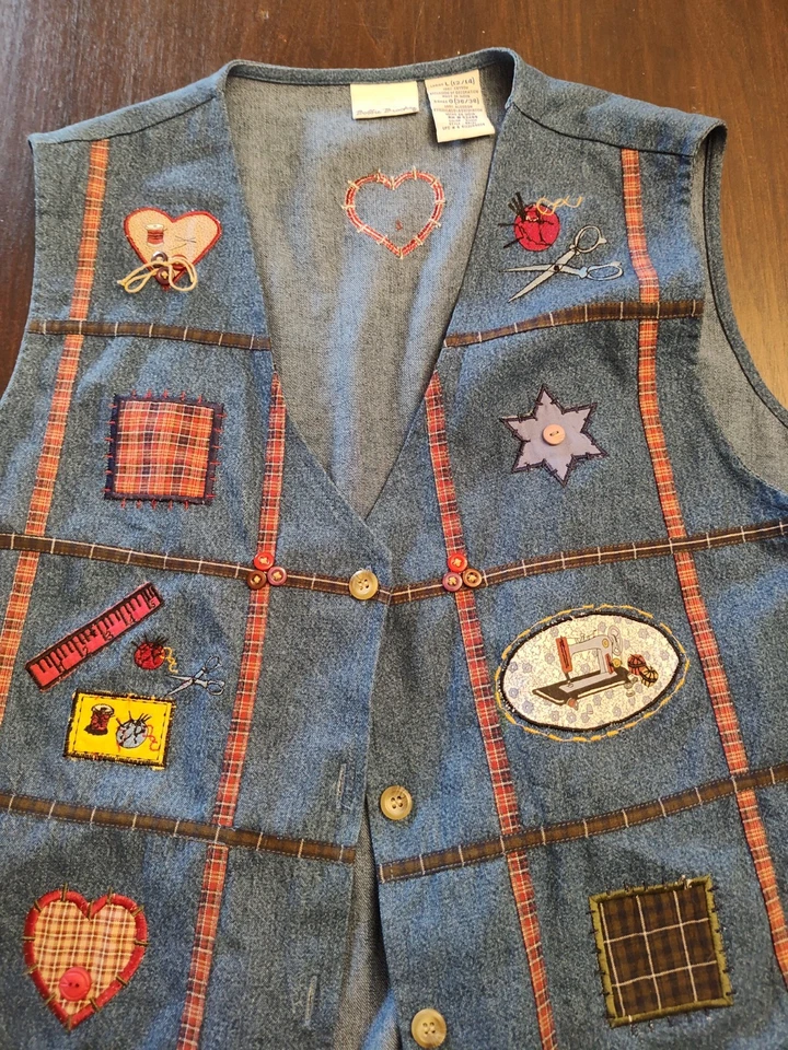 Bobbie Brooks 复古牛仔背心 90 年代绑带缝纫尺寸 L 12/14 — 第 2/4 张图片