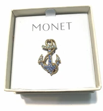 Vintage Monet Anchor Brooch Shades Of Blue Rhinestones Pin Gold Tone 1 1/4" NWOT