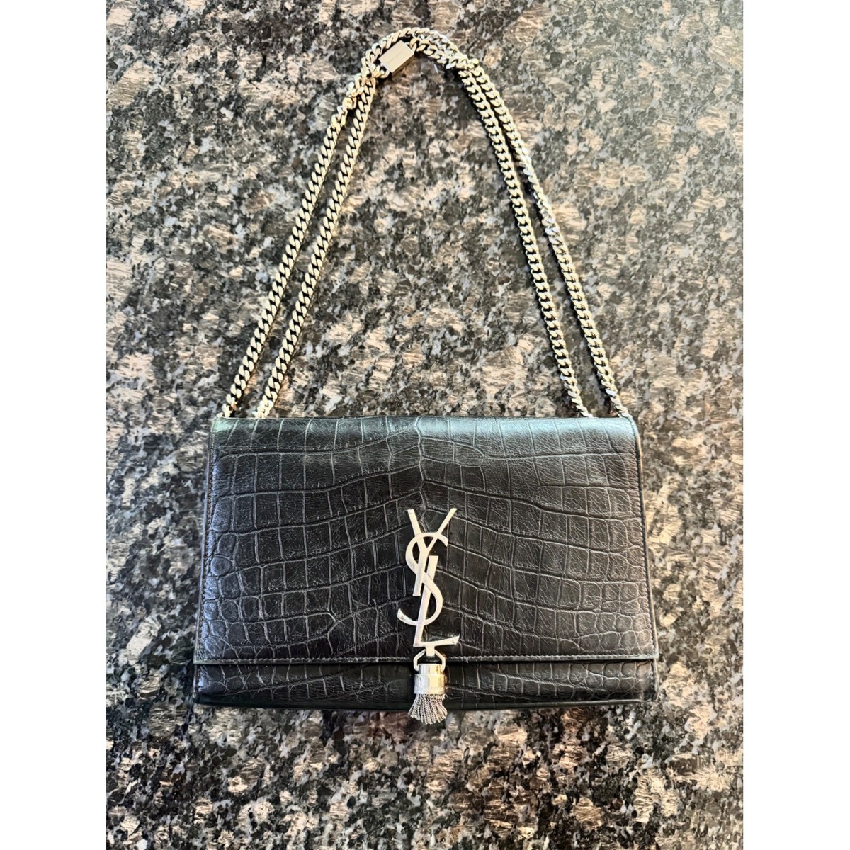 Saint Laurent Kate Medium Black Croc Embossed Tassel Chain Bag