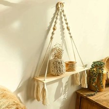 Macrame Hanging Shelf – Rustic Boho Floating Wall Shelf for Bedroom, Living R