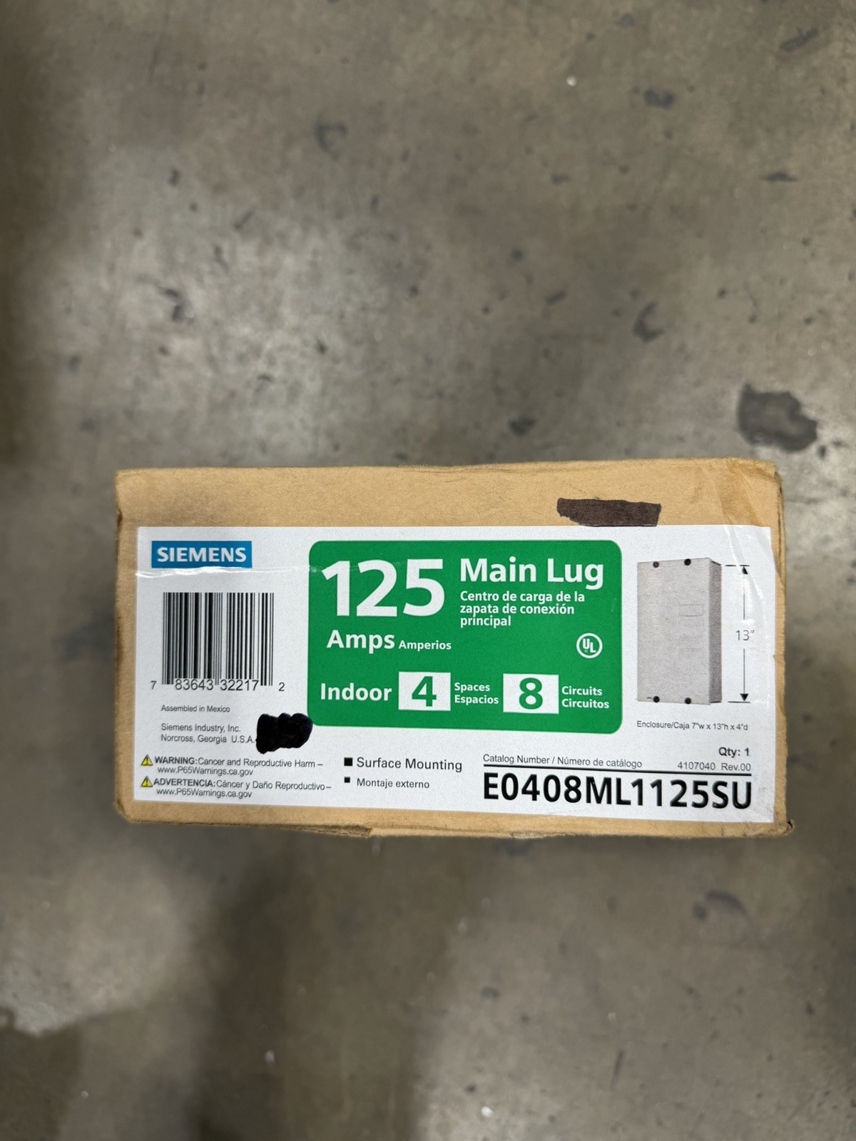 Siemens E0408ML1125SU 4 Space, 8 Circuit, 125-Amp, Main Lug, Surface Mount,