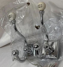 NOS Pair of Chrome French PARIS Style Towel Robe Double Wall Hooks Porcelain