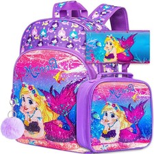 KLFVB 3PCS Unicorn Mermaid Backpack for Girls, 16" Sequin Kids Bookbag and Lu...