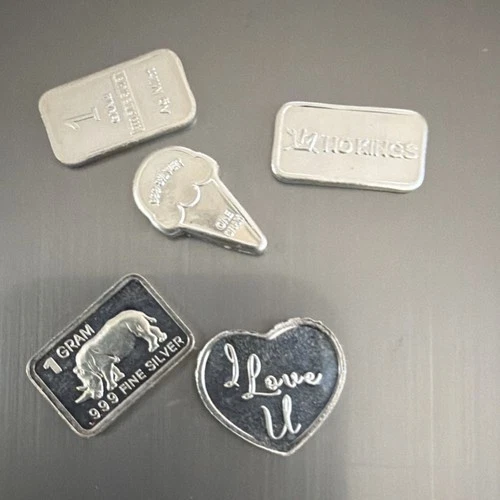 Random lot of 5x 1g 999 Fine Silver Bullion Bars & Rounds Mixed Lot Designs