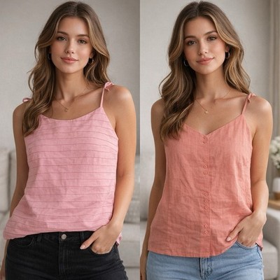 100% Linen 2-Tank Tops Size XL Spaghetti Strap Y2K Chic Boho Lined Pink & Salmon