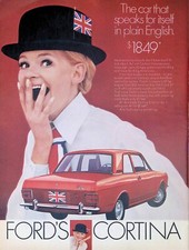 2 Print Ads 1969 Ford Cortina Red White Blue Import Pretty Woman British Hat