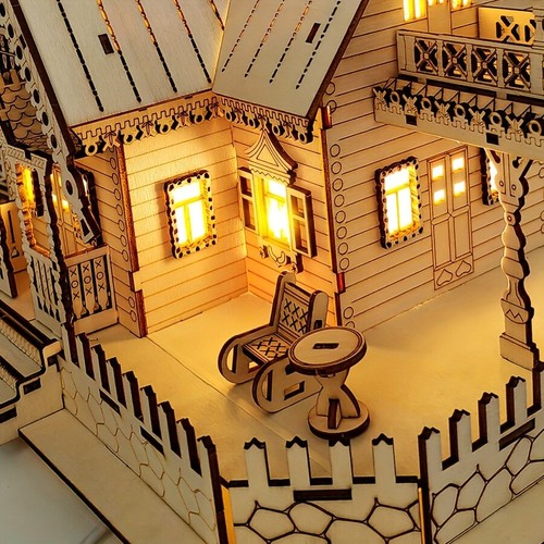 3D Wooden Puzzles Vintage Villa Building Model Kit DIY Assembly Illuminated Toy - Picture 5 of 8