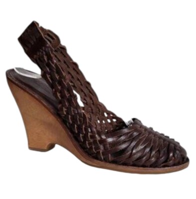 Michael Michael Kors Huarache Dark Brown Leather Wedge Wood Shoe Sandal Sz 