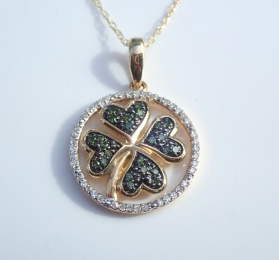 Green Moissanite Four Leaf Clover Pendant Good Luck 14K Yellow Gold Plated