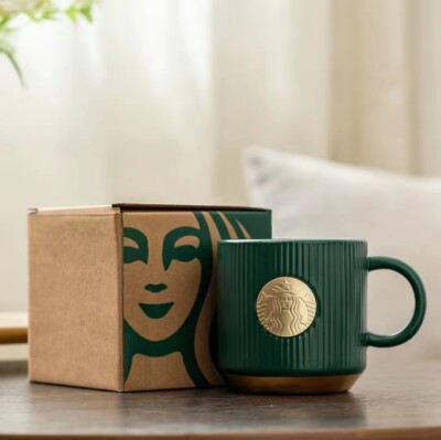 2024 New Starbucks Classic Vintage Dark Green Vertical Ceramic Coffee Mug Gift