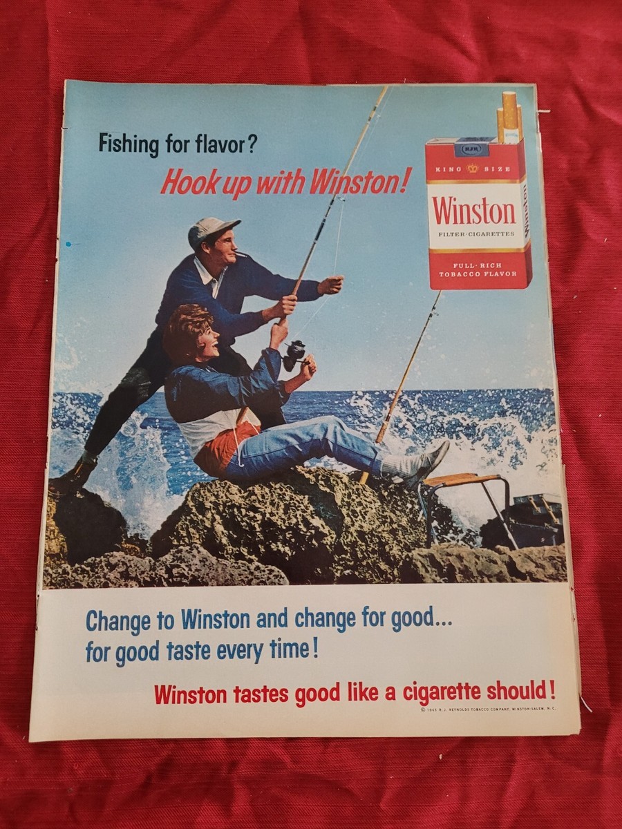 winston cigarette machine co v wells whitehead VTG 1965 Original Magazine Ad WINSTON Cigarettes Fishing For Flavor