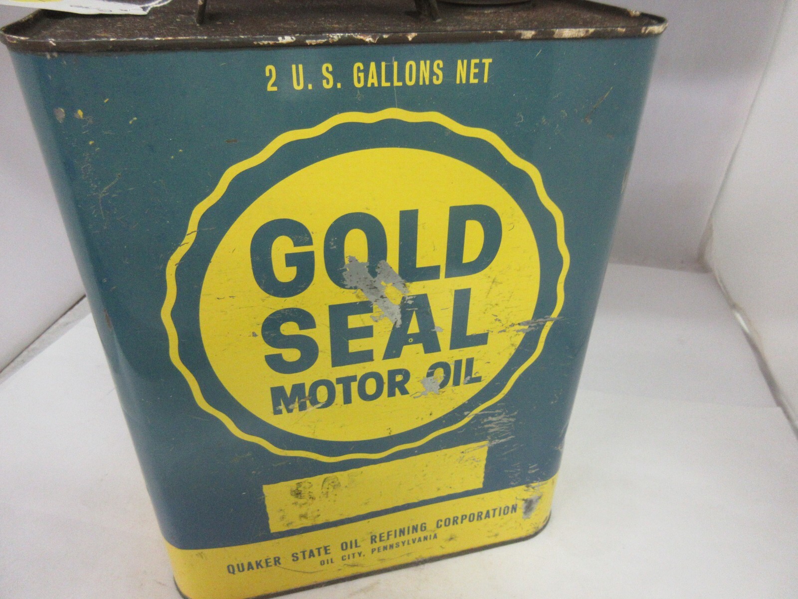 VINTAGE ADVERTISING GOLD SEAL MOTOR OIL 2 GALLON CAN TIN GARAGE SHOP C ...