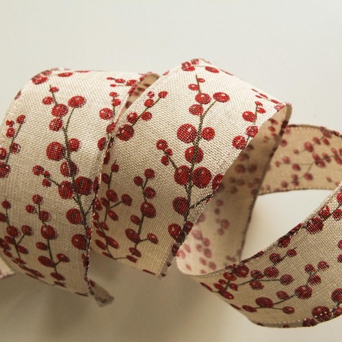 Wired Ribbon with Glitter red berry print - 38mm wide jute burlap look Christmas - Picture 2 of 3