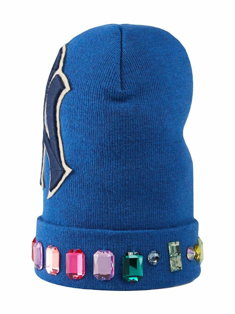 Gucci Black Beanie with Blue Logo and Multicolored Gemstones NWT Gucci NY Yankees Multicolor Jewel Trim Blue Wool Unisex  main image 4