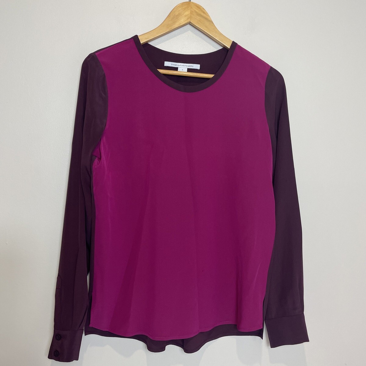 Diane Von Furstenberg Long Sleeve 100% Silk Colorblock Blouse Sz 4 