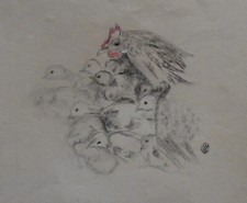 Hélène Rivière (1896-1977) (18) - fusain et pastel - poule et poussins