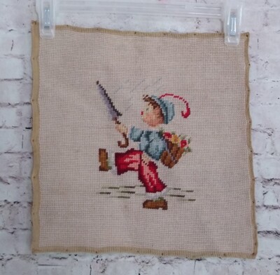 Almost Finished Wool Cross Stitch Needlepoint Hummel Boy in Rain 12x12