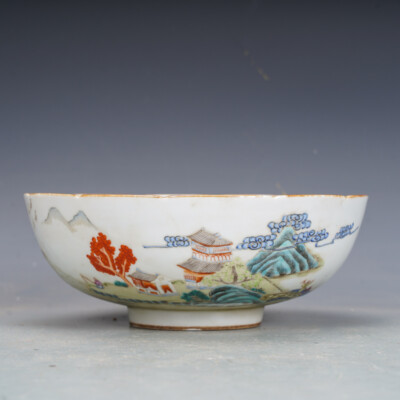 9.08'' Rare China Porcelain Qing Dynasty Pastel Shan Shui Ren Jia  pattern  bowl