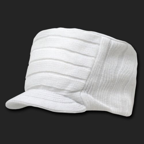 White Plain Knit Flat Top Visor Cap Hat GI Military Army Cadet Jeep Beanie Hats - Picture 1 of 2