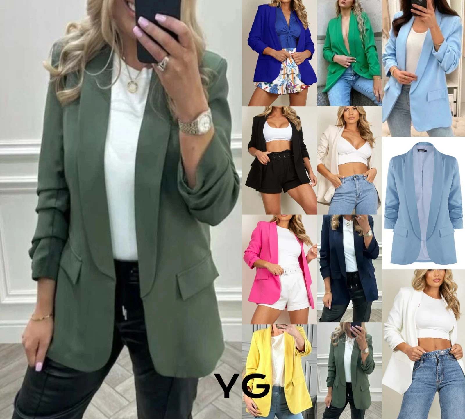 Women Ruched Sleeve Blazer Lined Ladies Collared Office Casual Formal Jacket Top