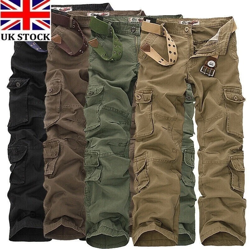 UK Cargo Combat Trousers Mens Casual Work Pants Military Multi Pockets All Sizes