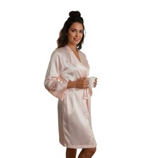 Vintage Oscar de la Renta Blush Satin Robe with Lace Trim | Size M