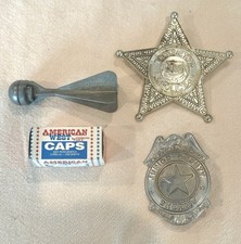 Vintage Tootsie Toy Metal Cap Dart Rocket Bomb With Caps Plus 2 Toy Badges